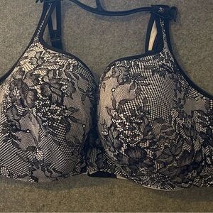 Cacique Black and White Faux Lace Bra lightly lined Balconette full coverage
